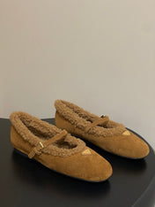 PRADA 25S MARY JANE FLATS IN DARK WALNUT BROWN SUEDE WITH GOLD HARDWARE