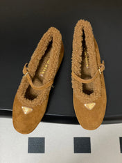 PRADA 25S MARY JANE FLATS IN DARK WALNUT BROWN SUEDE WITH GOLD HARDWARE