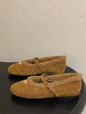 PRADA 25S MARY JANE FLATS IN DARK WALNUT BROWN SUEDE WITH GOLD HARDWARE