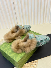 HORSEBIT MULE IN TURQUOISE MONOGRAM VELVET AND LAMB WOOL LINING