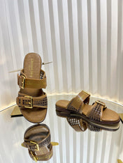 D-AVENUE SLIDES 25S IN BROWN CALFSKIN MICRO CANNAGE MOTIF
