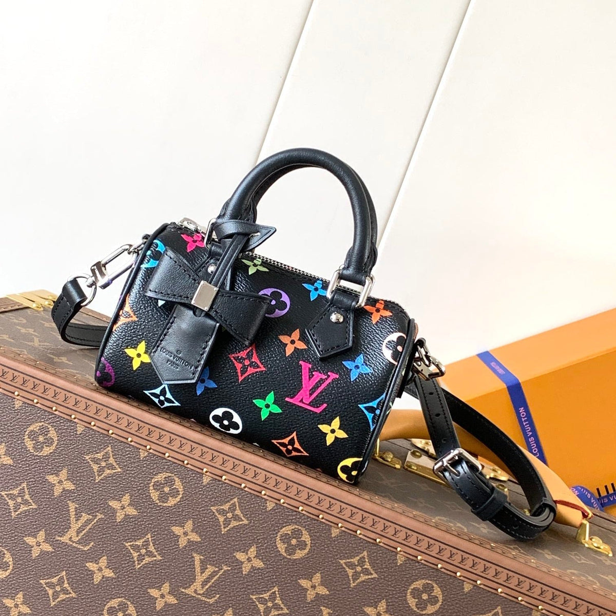 NANO SPEEDY BAG 16 IN COLORFUL MONOGRAM PATTERN AND BLACK COATED CANVAS