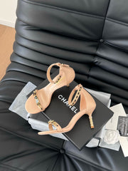 HIGH HEEL 7.5 MM SANDAL IN TAN BEIGE SHEEPSKIN WITH STICKERS