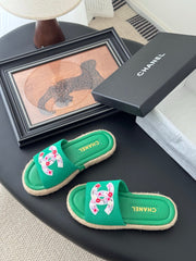 SLIPPERS IN GREEN SHEEPSKIN MIX FABRIC AND STRAPS BASE