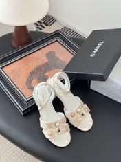 HIGH SANDALS IN WHITE TWEED WITH LOGO STICKER DETAIL