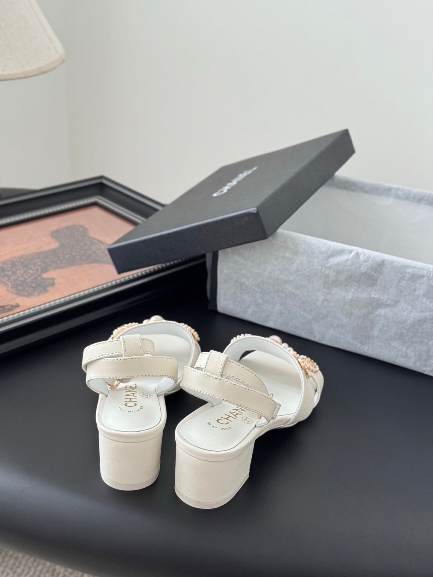 HIGH SANDALS IN WHITE TWEED WITH LOGO STICKER DETAIL