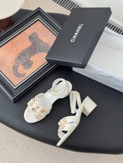 HIGH SANDALS IN WHITE TWEED WITH LOGO STICKER DETAIL