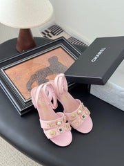 HIGH SANDALS IN PINK TWEED WITH LOGO STICKER DETAIL