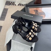 HIGH SANDALS IN BLACK TWEED WITH LOGO STICKER DETAIL