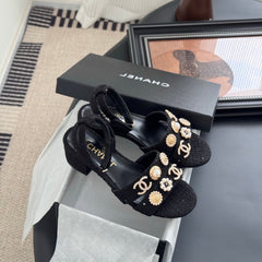 HIGH SANDALS IN BLACK TWEED WITH LOGO STICKER DETAIL