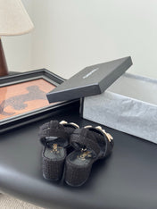 HIGH SANDALS IN BLACK TWEED WITH LOGO STICKER DETAIL