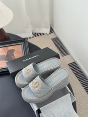 WEDGE HEELS IN BEAU BLUE CALFSKIN MIX CHAIN BASE