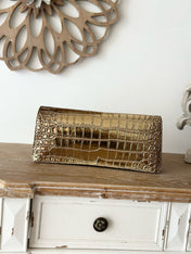 CHANEL 25S CLUTCH 30 IN METALLIC GOLD CROCODILE-EMBOSSED CALFSKIN