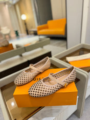 ROMY FLAT BALLERINA IN LIGHT PINK MESH PATENT CALFSKIN