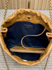 DRAWSTRING CHAIN STRAP SHOULDER BAG 39 IN TORTILLA BROWN QUILTED CALFSKIN