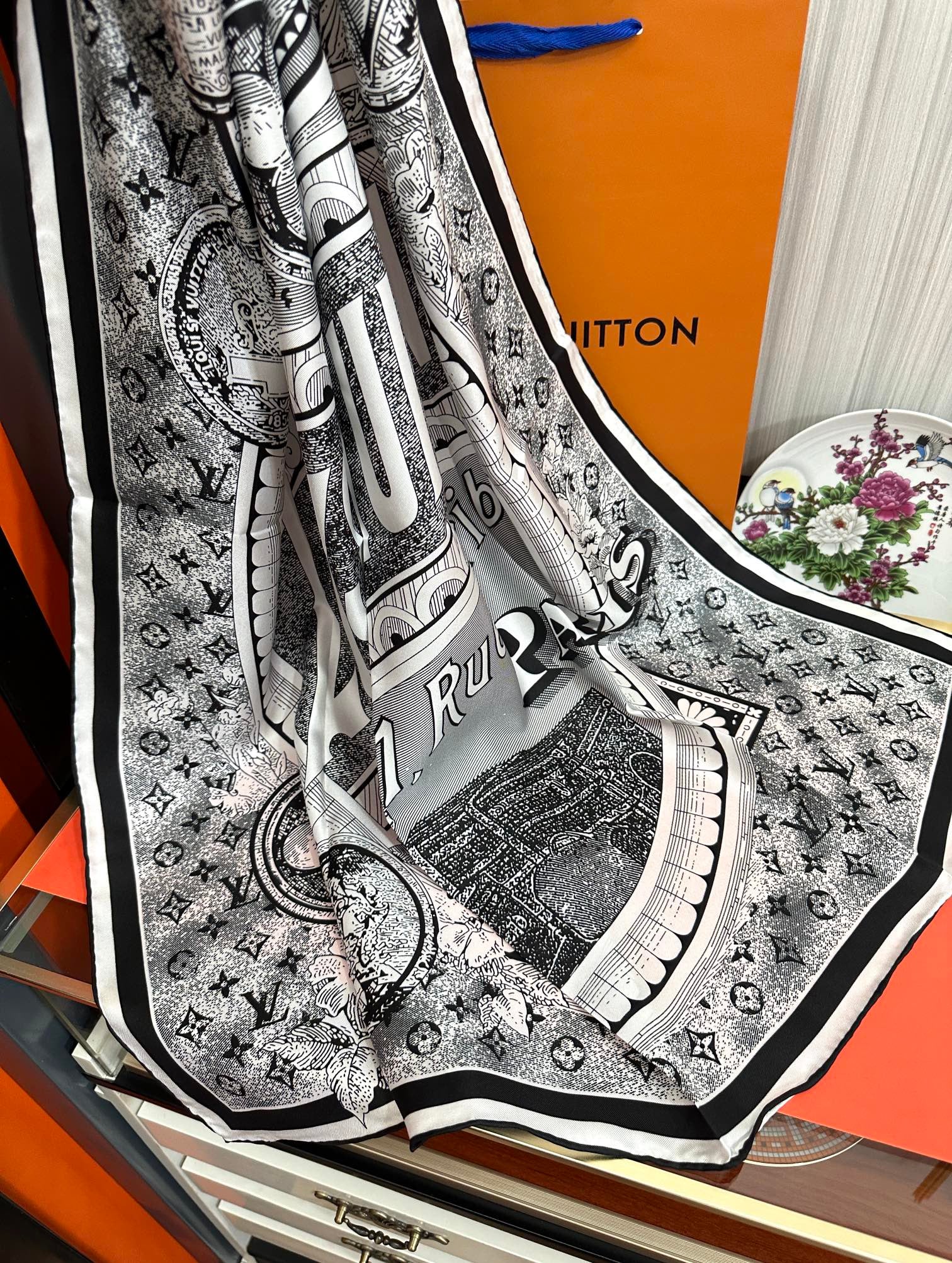 SQUARE SILK SCARF MALLES MERVEILLEUSES 90 CM BLACK MIX WHITE 399997