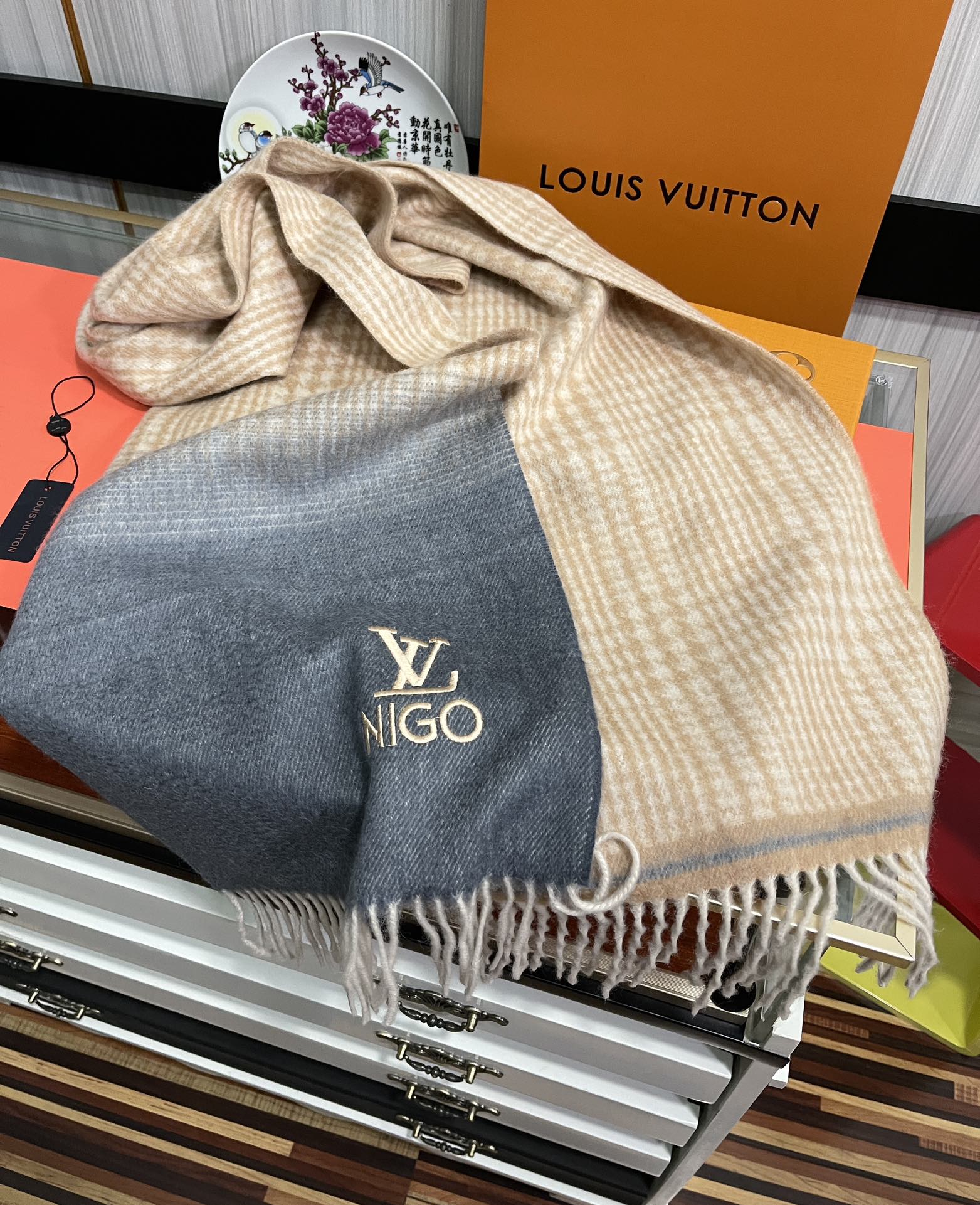 SCARF 200 CM IN BROWN MIX GREY CASHMERE 400012