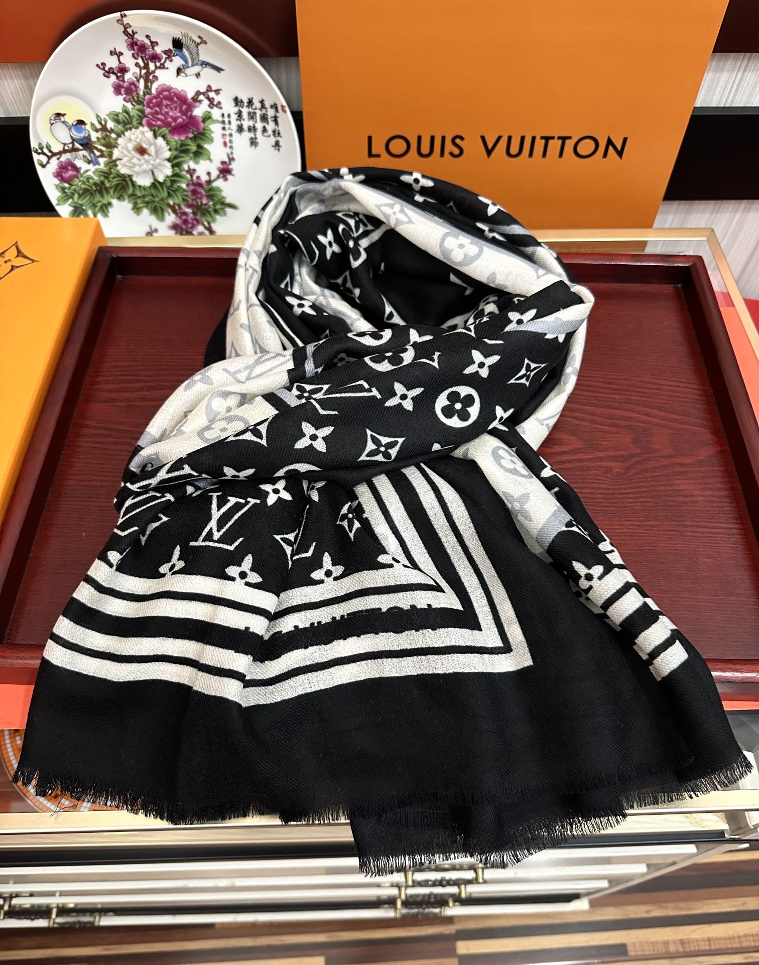 SCARF 200 CM IN BLACK MIX WHITE CASHMERE 400030