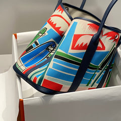 GARDEN PARTY 36 IN MULTICOLOR TOILE H CANVAS BLUE NAVY CALFSKIN TROPICAL ABSTRACT LANDSCAPE PRINT