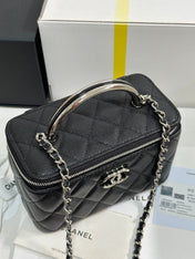MINI VANITY TOP HANDLE CASE 17 IN BLACK CAVIAR SKIN SILVER-TONE PLATED METAL