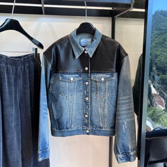 PRADA 25ST LEATHER JACKET WITH DENIM PATCHWORK 321