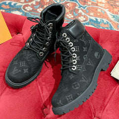LV X TIMBERLAND ANKLE BOOT IN BLACK MONOGRAM SUEDE