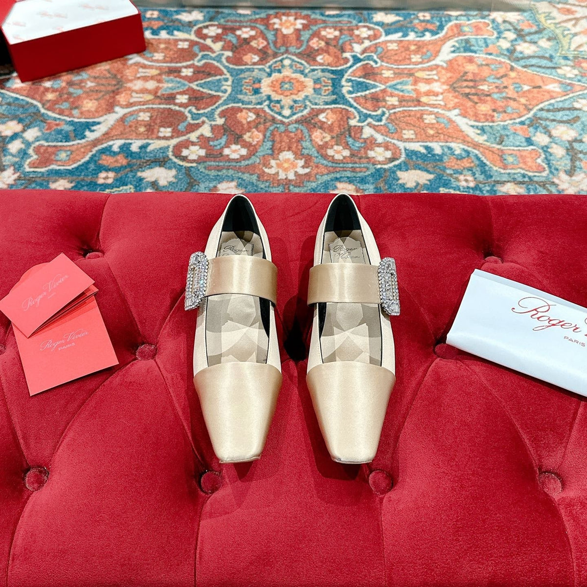 MARY JANES IN GOLD SATIN WITH CRYSTAL SQUARE BUCKLE