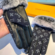 FINGERLESS GLOVES IN BLACK MONOGRAM DENIM AND LAMBSKIN WITH RABBIT FUR 458590