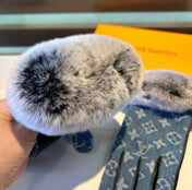 FINGERLESS GLOVES IN ELECTRIC BLUE MONOGRAM DENIM AND LAMBSKIN WITH RABBIT FUR 458591