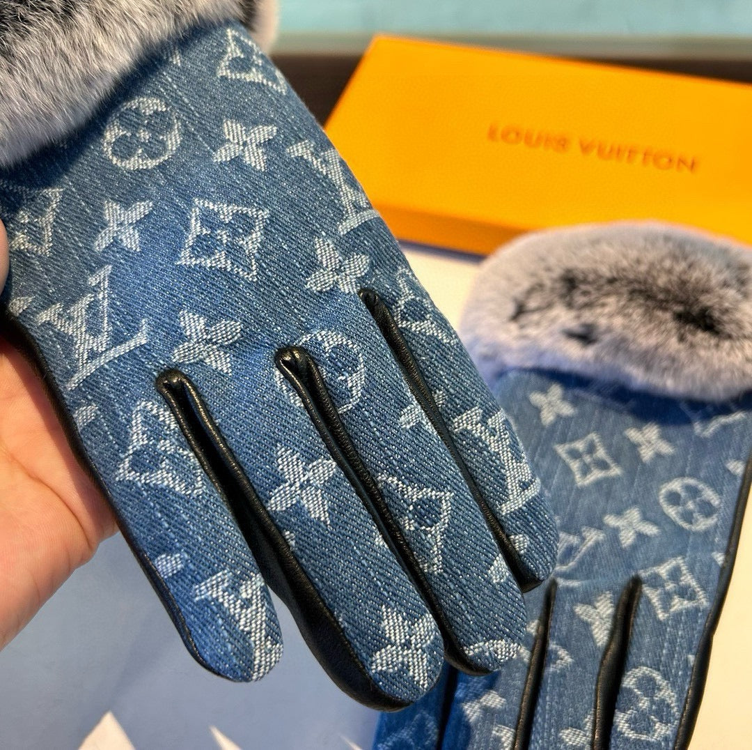 FINGERLESS GLOVES IN ELECTRIC BLUE MONOGRAM DENIM AND LAMBSKIN WITH RABBIT FUR 458591