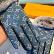 FINGERLESS GLOVES IN ELECTRIC BLUE MONOGRAM DENIM AND LAMBSKIN WITH RABBIT FUR 458591