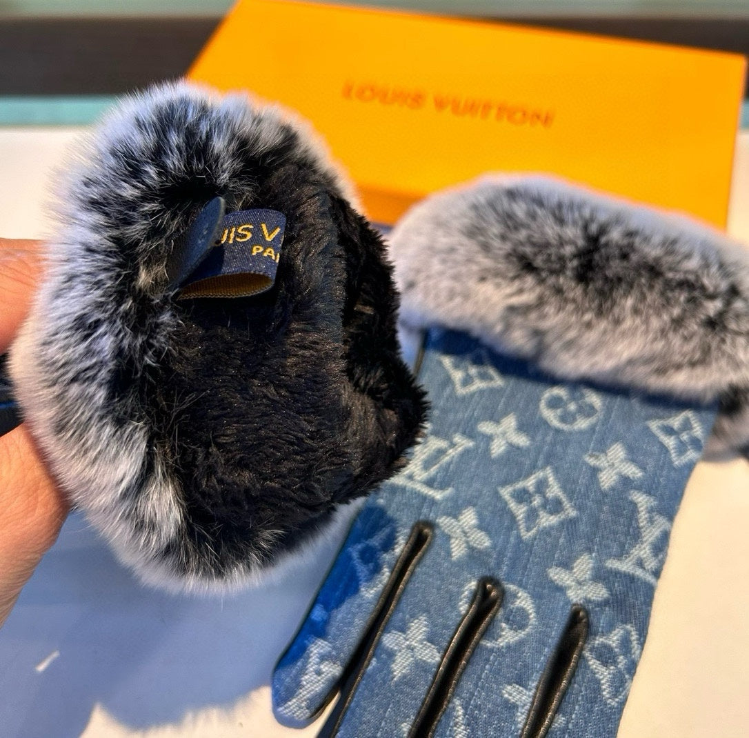 FINGERLESS GLOVES IN ELECTRIC BLUE MONOGRAM DENIM AND LAMBSKIN WITH RABBIT FUR 458591