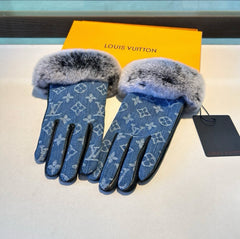 FINGERLESS GLOVES IN ELECTRIC BLUE MONOGRAM DENIM AND LAMBSKIN WITH RABBIT FUR 458591