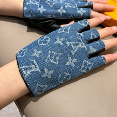 FINGERLESS GLOVES IN ELECTRIC BLUE MONOGRAM DENIM AND BLACK LAMBSKIN 460107