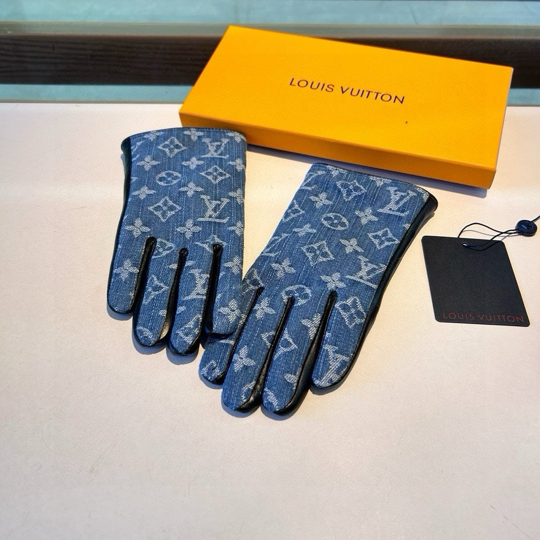 GLOVES IN ELECTRIC BLUE MONOGRAM DENIM AND BLACK LAMBSKIN 460110