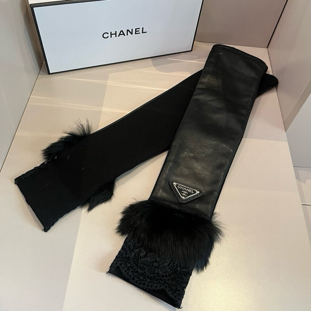 FINGERLESS LONG GLOVES IN BLACK LAMBSKIN WITH RABBIT FUR 465799