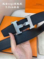 HM H BELT BUCKLE & REVERSIBLE BLACK LEATHER STRAP 38MM SILVER HARDWARE