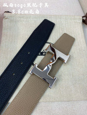 HM H BELT BUCKLE & REVERSIBLE CAMEL BROWN LEATHER STRAP 38MM SILVER HARDWARE