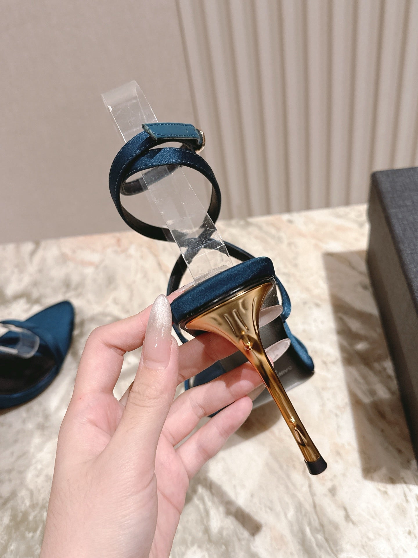 YSL 25S STRAPPY HIGH-HEEL SANDALS 100 MM IN MIDNIGHT BLUE SATIN