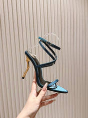 YSL 25S STRAPPY HIGH-HEEL SANDALS 100 MM IN MIDNIGHT BLUE SATIN