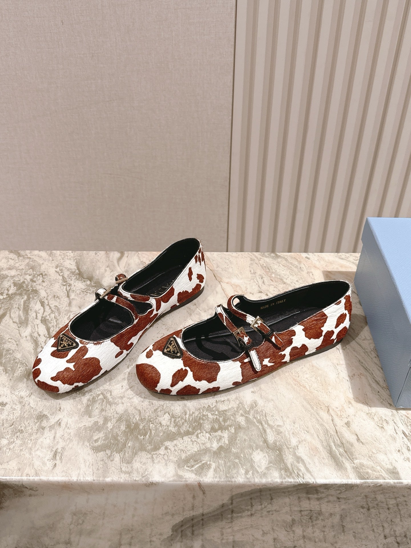 PRADA 25S CRYSTAL EMBELLISHED BALLERINA IN WHITE AND DARK BROWN FUR