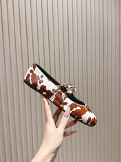 PRADA 25S CRYSTAL EMBELLISHED BALLERINA IN WHITE AND DARK BROWN FUR