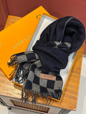 DAMIER SCARF 180 CM IN MIDNIGHT BLUE MIX GRAY CASHMERE 388316