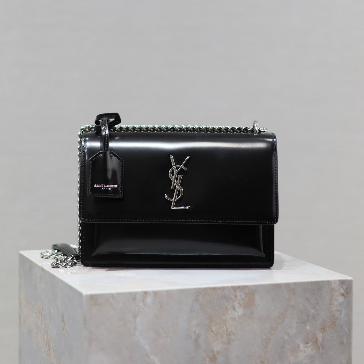 YSL 25S SUNSET MEDIUM 22 IN BLACK SHINY CALFSKIN SILVER HARDWARE