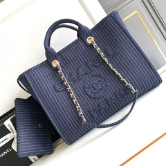 CHANEL 25S TOTE BAG 38 CM IN NAVY BLUE CANVAS