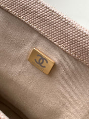 CHANEL 25S CLASSIC FLAP 26 CM IN LIGHT BEIGE CANVAS EMBROIDERED MOTIF WITH GOLD HARDWARE