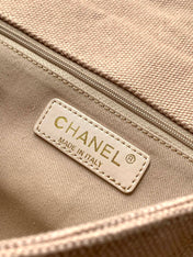CHANEL 25S CLASSIC FLAP 26 CM IN LIGHT BEIGE CANVAS EMBROIDERED MOTIF WITH GOLD HARDWARE