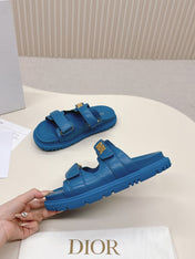DIOR CLASSIC DOUBLE-STRAP SLIDES 25S IN OCEAN BLUE CALFSKIN
