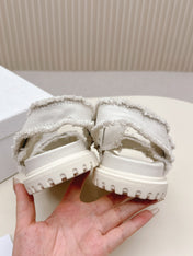 DIOR BACK-STRAP SANDALS 25S IN WHITE DENIM AND CALFSKIN WITH GOLD HARDWARE