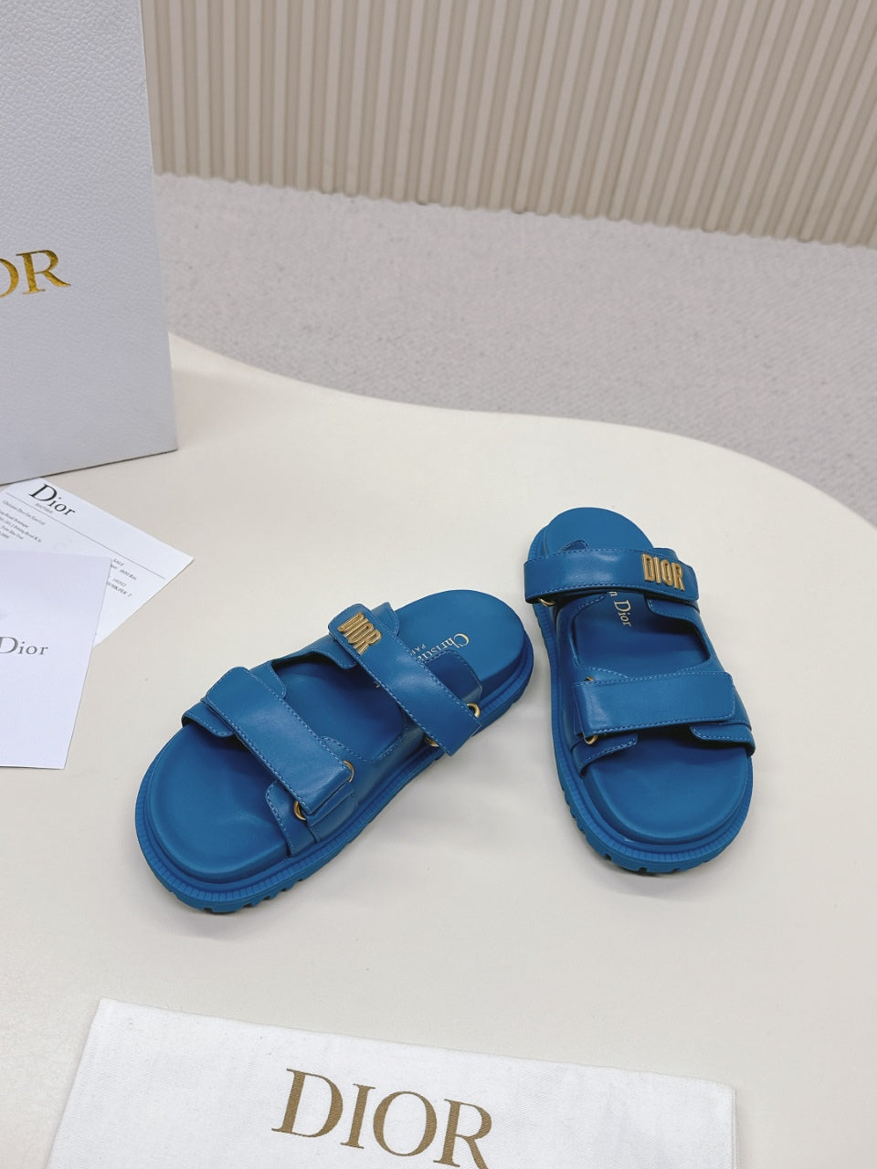 DIOR CLASSIC DOUBLE-STRAP SLIDES 25S IN OCEAN BLUE CALFSKIN